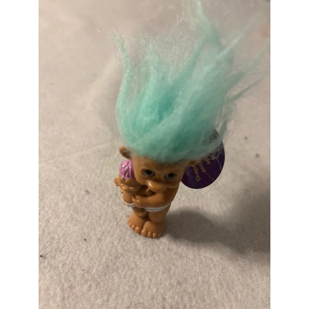 Mini Troll Doll Baby Diaper Blue Hair Holding Pink Toy Collectible
